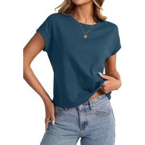 Womens Cap Sleeve Crop Tops Cotton T Shirts Crewneck Loose Fit Short Sleeves Tee Summer Fashion Clothes 2025(A-navy Blue)