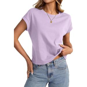 Womens Cap Sleeve Crop Tops Cotton T Shirts Crewneck Loose Fit Short Sleeves Tee Summer Fashion Clothes 2025(A-purple)