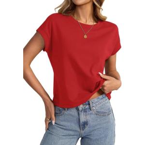 Womens Cap Sleeve Crop Tops Cotton T Shirts Crewneck Loose Fit Short Sleeves Tee Summer Fashion Clothes 2025(A-red)