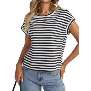 Womens Cap Sleeve Crop Tops Cotton T Shirts Crewneck Loose Fit Short Sleeves Tee Summer Fashion Clothes 2025(B-black White)