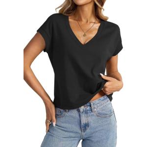Womens Cap Sleeve Crop Tops Cotton V Neck T Shirt Boxy Loose Fit Short Sleeves Tee Summer Fashion Clothes 2025(Black)