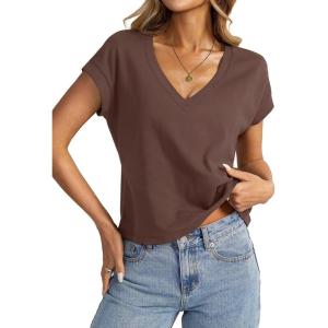 Womens Cap Sleeve Crop Tops Cotton V Neck T Shirt Boxy Loose Fit Short Sleeves Tee Summer Fashion Clothes 2025(Brown)