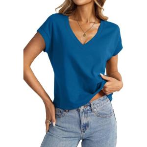 Womens Cap Sleeve Crop Tops Cotton V Neck T Shirt Boxy Loose Fit Short Sleeves Tee Summer Fashion Clothes 2025(Deep Blue)