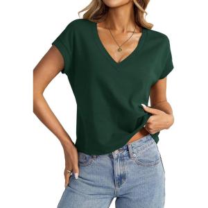 Womens Cap Sleeve Crop Tops Cotton V Neck T Shirt Boxy Loose Fit Short Sleeves Tee Summer Fashion Clothes 2025(Deep Green)