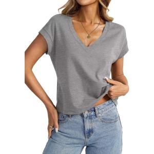 Womens Cap Sleeve Crop Tops Cotton V Neck T Shirt Boxy Loose Fit Short Sleeves Tee Summer Fashion Clothes 2025(Deep Grey)