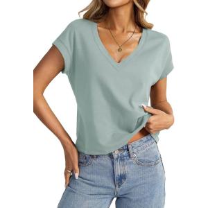 Womens Cap Sleeve Crop Tops Cotton V Neck T Shirt Boxy Loose Fit Short Sleeves Tee Summer Fashion Clothes 2025(Green)