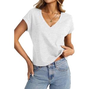 Womens Cap Sleeve Crop Tops Cotton V Neck T Shirt Boxy Loose Fit Short Sleeves Tee Summer Fashion Clothes 2025(Light Grey)