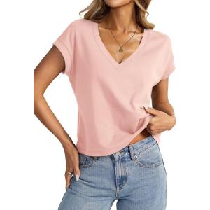 Womens Cap Sleeve Crop Tops Cotton V Neck T Shirt Boxy Loose Fit Short Sleeves Tee Summer Fashion Clothes 2025(Light Pink)