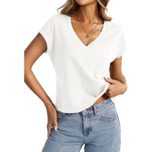 Womens Cap Sleeve Crop Tops Cotton V Neck T Shirt Boxy Loose Fit Short Sleeves Tee Summer Fashion Clothes 2025(White)