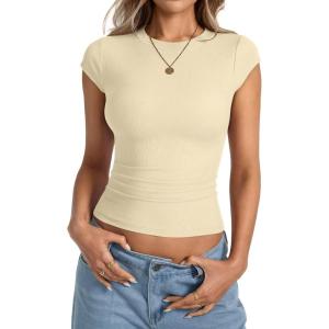 Womens Cap Sleeve Tops Summer Crew Neck Short Sleeve Shirts Slim Fit Basic Ribbed Tops Y2K 2025 Going Out Crop(Beige)