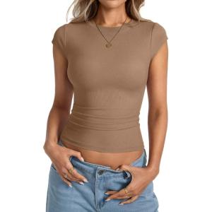 Womens Cap Sleeve Tops Summer Crew Neck Short Sleeve Shirts Slim Fit Basic Ribbed Tops Y2K 2025 Going Out Crop(Brown)
