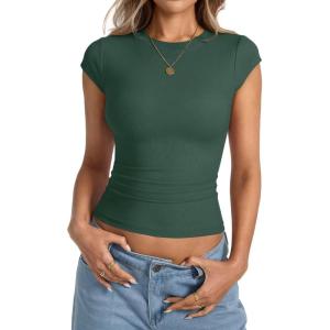 Womens Cap Sleeve Tops Summer Crew Neck Short Sleeve Shirts Slim Fit Basic Ribbed Tops Y2K 2025 Going Out Crop(Forest Green)
