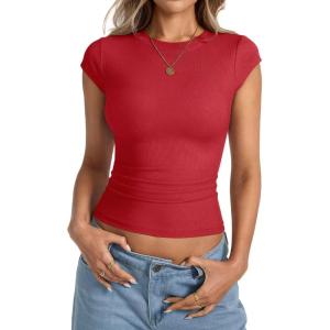 Womens Cap Sleeve Tops Summer Crew Neck Short Sleeve Shirts Slim Fit Basic Ribbed Tops Y2K 2025 Going Out Crop(Red)