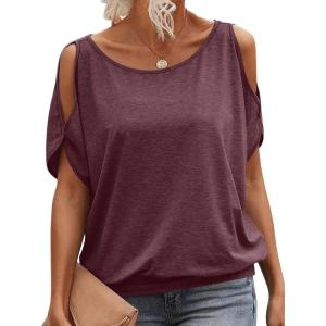 Womens Cold Shoulder Tops Banded Bottom Boat Neck T Shirts Summer Sexy Casual Loose Fit Clothes 2025(Burgundy)