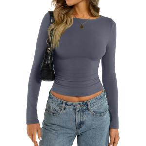 Womens Cotton Boat Neck Long Sleeve Shirts Basic Going Out Stretchy Slim Fit Y2k Crop Tops(Dark Grey)