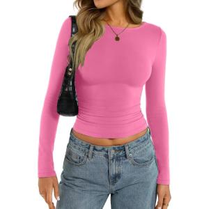 Womens Cotton Boat Neck Long Sleeve Shirts Basic Going Out Stretchy Slim Fit Y2k Crop Tops(Hot Pink)