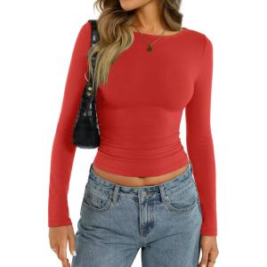 Womens Cotton Boat Neck Long Sleeve Shirts Basic Going Out Stretchy Slim Fit Y2k Crop Tops(Red)