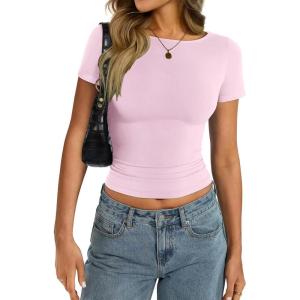 Womens Cotton Boat Neck Short Sleeve Shirts Summer Crop Tops Basic Going Out Tee Fashion Y2K Outfits 2025(Baby Pink)