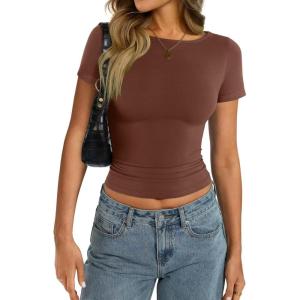 Womens Cotton Boat Neck Short Sleeve Shirts Summer Crop Tops Basic Going Out Tee Fashion Y2K Outfits 2025(Brown)