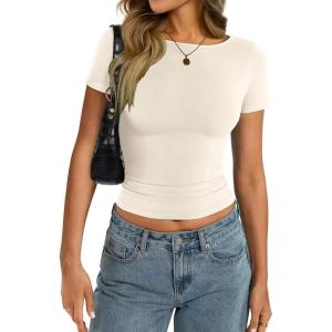 Womens Cotton Boat Neck Short Sleeve Shirts Summer Crop Tops Basic Going Out Tee Fashion Y2K Outfits 2025(Cream White)