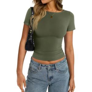 Womens Cotton Boat Neck Short Sleeve Shirts Summer Crop Tops Basic Going Out Tee Fashion Y2K Outfits 2025(Green)