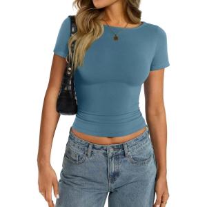 Womens Cotton Boat Neck Short Sleeve Shirts Summer Crop Tops Basic Going Out Tee Fashion Y2K Outfits 2025(Kyanite)