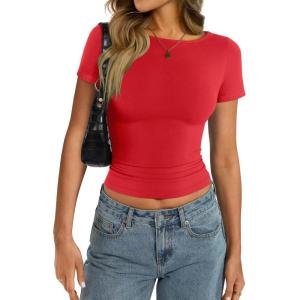 Womens Cotton Boat Neck Short Sleeve Shirts Summer Crop Tops Basic Going Out Tee Fashion Y2K Outfits 2025(Red)