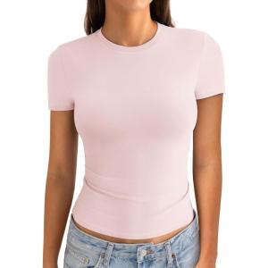 Womens Cotton Crew Neck Short Sleeve Shirts Summer Top Trendy Fitted Crop Tops Basic Going Out Tee(Baby Pink)