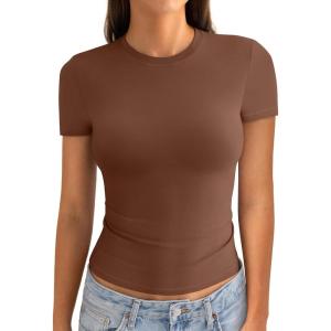 Womens Cotton Crew Neck Short Sleeve Shirts Summer Top Trendy Fitted Crop Tops Basic Going Out Tee(Brown)