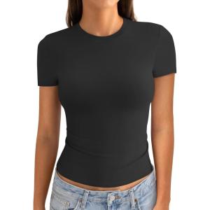 Womens Cotton Crew Neck Short Sleeve Shirts Summer Top Trendy Fitted Crop Tops Basic Going Out Tee(True Black)