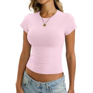 Womens Cotton Crop T Shirts Basic Crew Neck Baby Tee Fitted Going Out Tops Summer Cute Gym Workout Clothes 2026(Baby Pink)