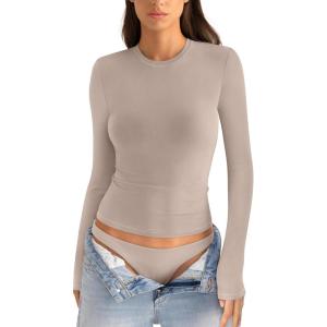 Womens Cotton Long Sleeve Shirts Crew Neck Fitted Basic Going Out Outfits Undershirt Spring Fall Clothes 2025(Apricot)