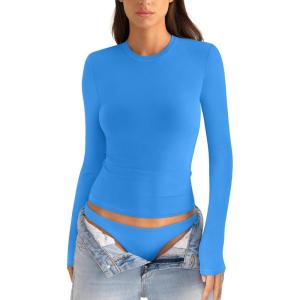 Womens Cotton Long Sleeve Shirts Crew Neck Fitted Basic Going Out Outfits Undershirt Spring Fall Clothes 2025(Blue)