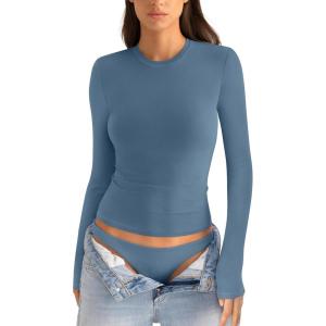 Womens Cotton Long Sleeve Shirts Crew Neck Fitted Basic Going Out Outfits Undershirt Spring Fall Clothes 2025(Kyanite)