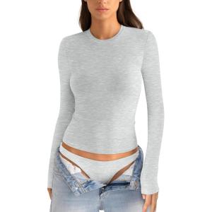 Womens Cotton Long Sleeve Shirts Crew Neck Fitted Basic Going Out Outfits Undershirt Spring Fall Clothes 2025(Light Heather Grey)