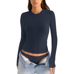 Womens Cotton Long Sleeve Shirts Crew Neck Fitted Basic Going Out Outfits Undershirt Spring Fall Clothes 2025(Navy Blue)