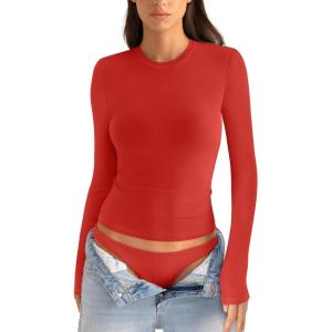 Womens Cotton Long Sleeve Shirts Crew Neck Fitted Basic Going Out Outfits Undershirt Spring Fall Clothes 2025(Red)