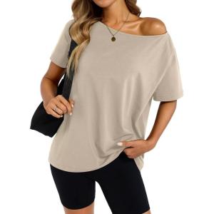 Womens Cotton Off The Shoulder Tops Oversized Short Sleeve T-Shirts Casual Summer Tees Trendy Clothes 2025(Apricot)