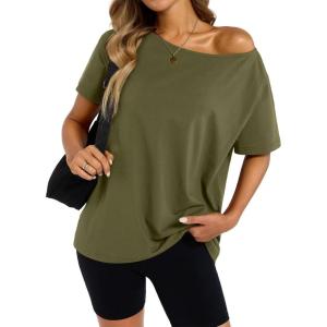 Womens Cotton Off The Shoulder Tops Oversized Short Sleeve T-Shirts Casual Summer Tees Trendy Clothes 2025(Army Green)