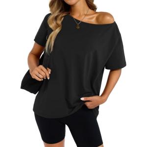 Womens Cotton Off The Shoulder Tops Oversized Short Sleeve T-Shirts Casual Summer Tees Trendy Clothes 2025(Black)