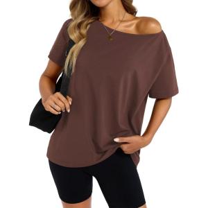 Womens Cotton Off The Shoulder Tops Oversized Short Sleeve T-Shirts Casual Summer Tees Trendy Clothes 2025(Brown)