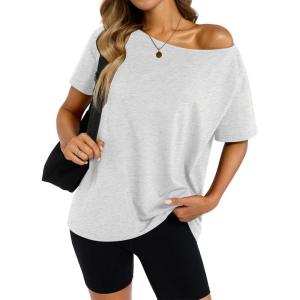 Womens Cotton Off The Shoulder Tops Oversized Short Sleeve T-Shirts Casual Summer Tees Trendy Clothes 2025(Light Grey)
