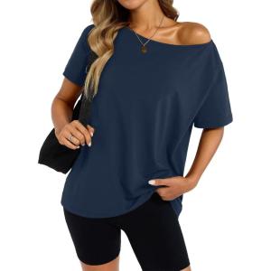Womens Cotton Off The Shoulder Tops Oversized Short Sleeve T-Shirts Casual Summer Tees Trendy Clothes 2025(Navy Blue)