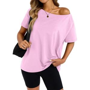 Womens Cotton Off The Shoulder Tops Oversized Short Sleeve T-Shirts Casual Summer Tees Trendy Clothes 2025(Pink)