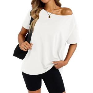Womens Cotton Off The Shoulder Tops Oversized Short Sleeve T-Shirts Casual Summer Tees Trendy Clothes 2025(White)