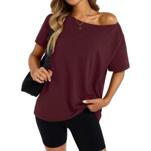 Womens Cotton Off The Shoulder Tops Oversized Short Sleeve T-Shirts Casual Summer Tees Trendy Clothes 2025(Wine Red)