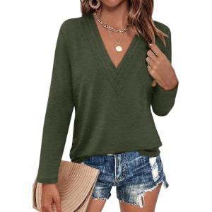 Womens Deep V Neck Long Sleeve Shirts Pleated Dressy Casual Tops Sexy Loose Fit T Shirt(Army Green)