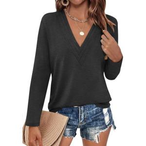 Womens Deep V Neck Long Sleeve Shirts Pleated Dressy Casual Tops Sexy Loose Fit T Shirt(Black)