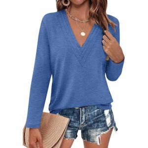 Womens Deep V Neck Long Sleeve Shirts Pleated Dressy Casual Tops Sexy Loose Fit T Shirt(Blue)