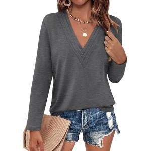 Womens Deep V Neck Long Sleeve Shirts Pleated Dressy Casual Tops Sexy Loose Fit T Shirt(Dark Gray)